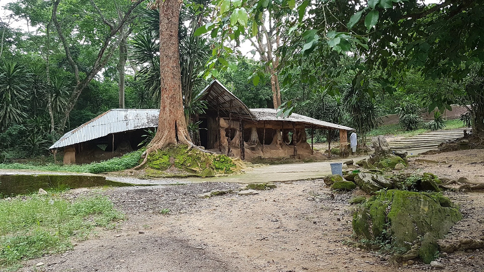 Sendero sombreado entre la vegetación y un santuario del Bosque Sagrado de Osun-Osogbo.
