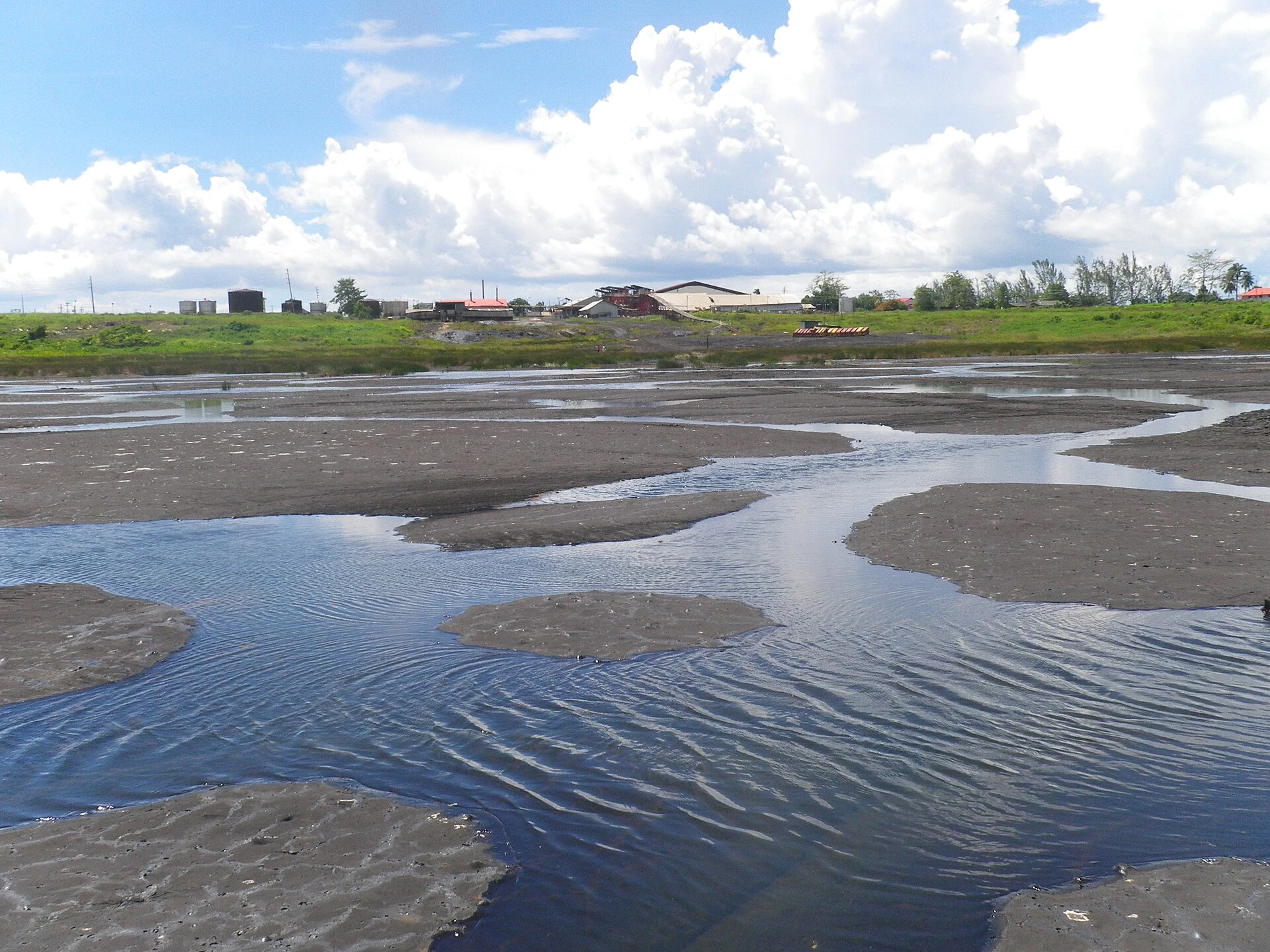 Superficie de asfalto natural con grietas y agua en Pitch Lake, La Brea