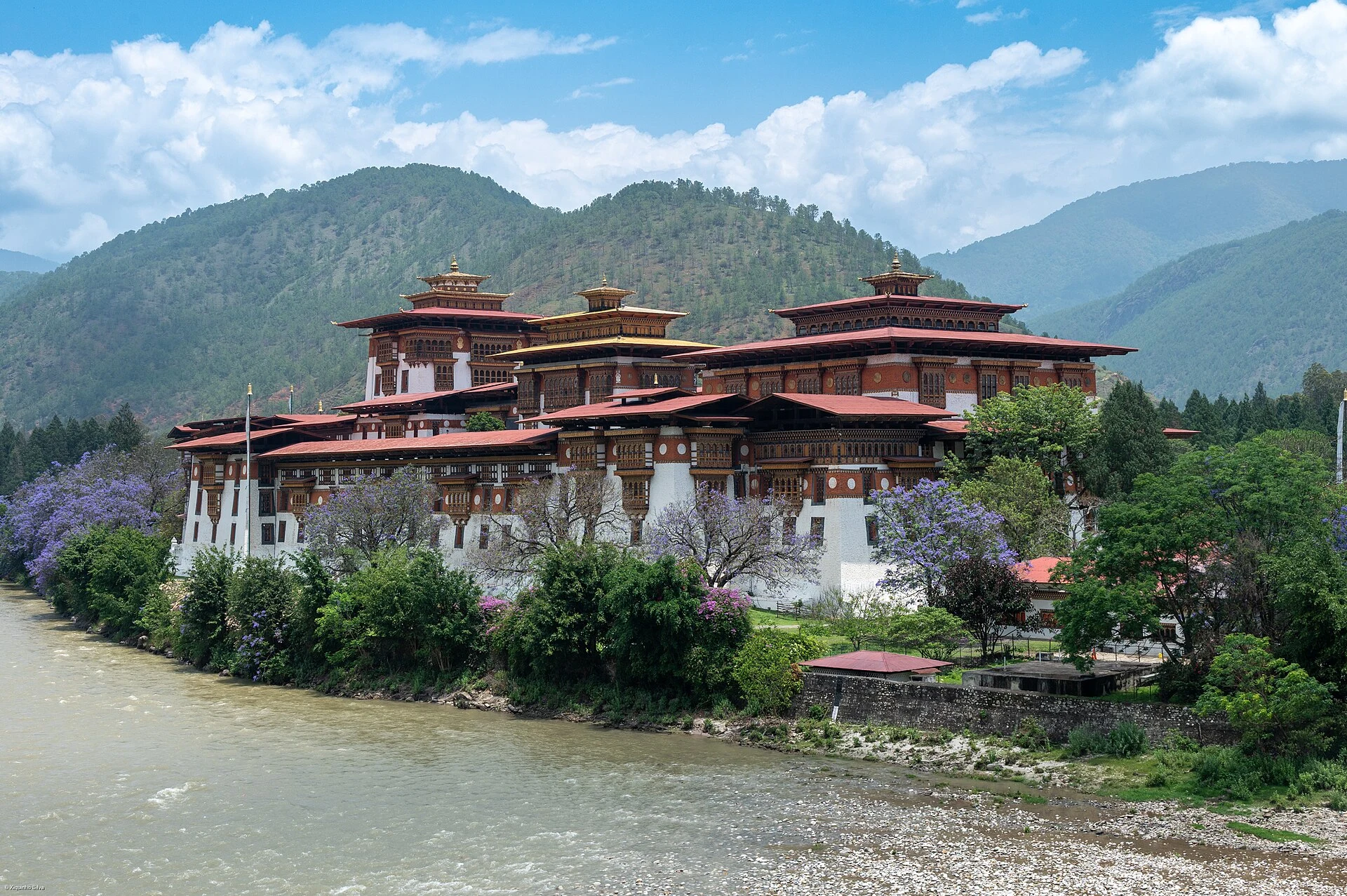Puente colgante y sendero junto al Mo Chhu en el valle de Punakha.