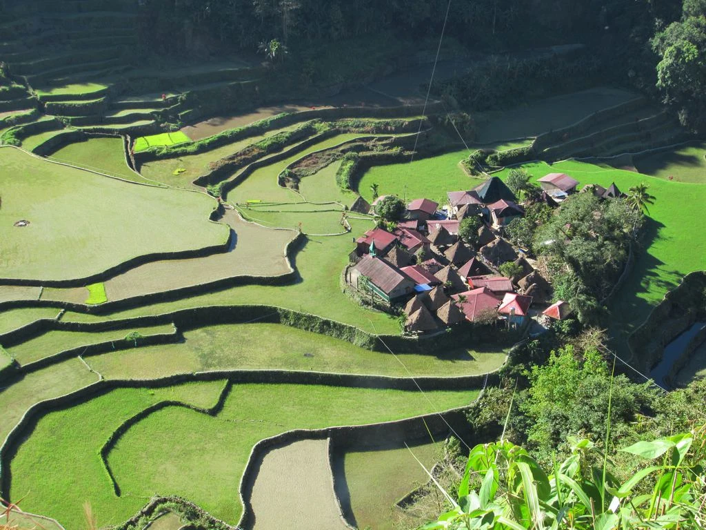 Aldea de Bangaan integrada entre terrazas de arroz en Ifugao.