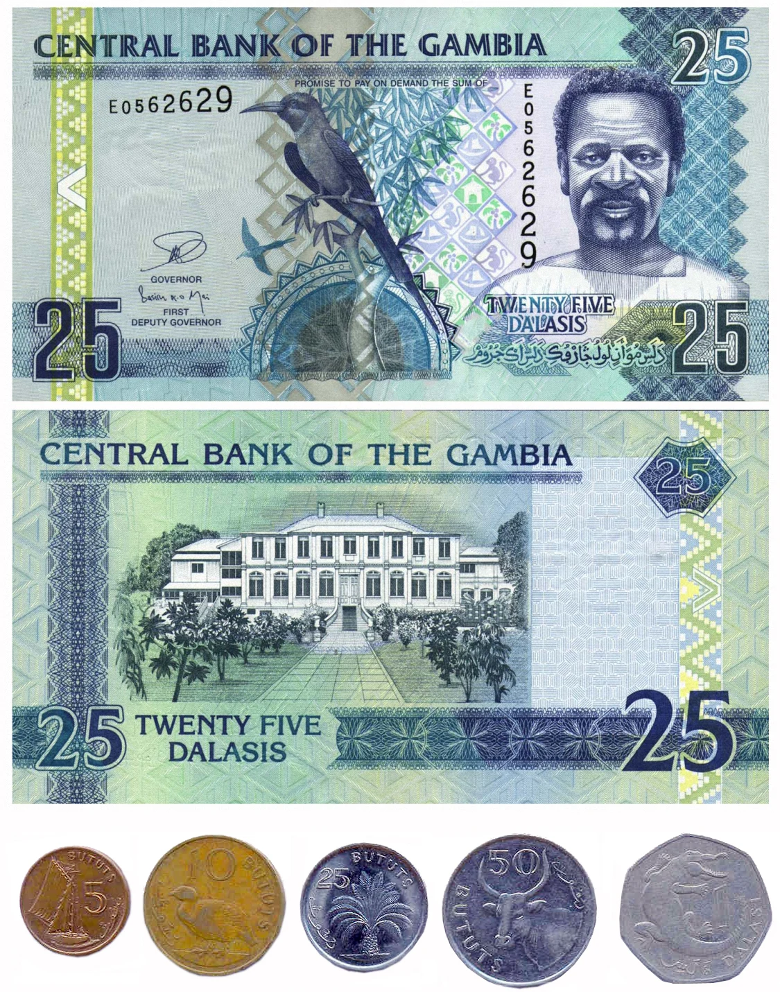 Dalasis de Gambia en una imagen documental de moneda, si están identificados por la fuente.