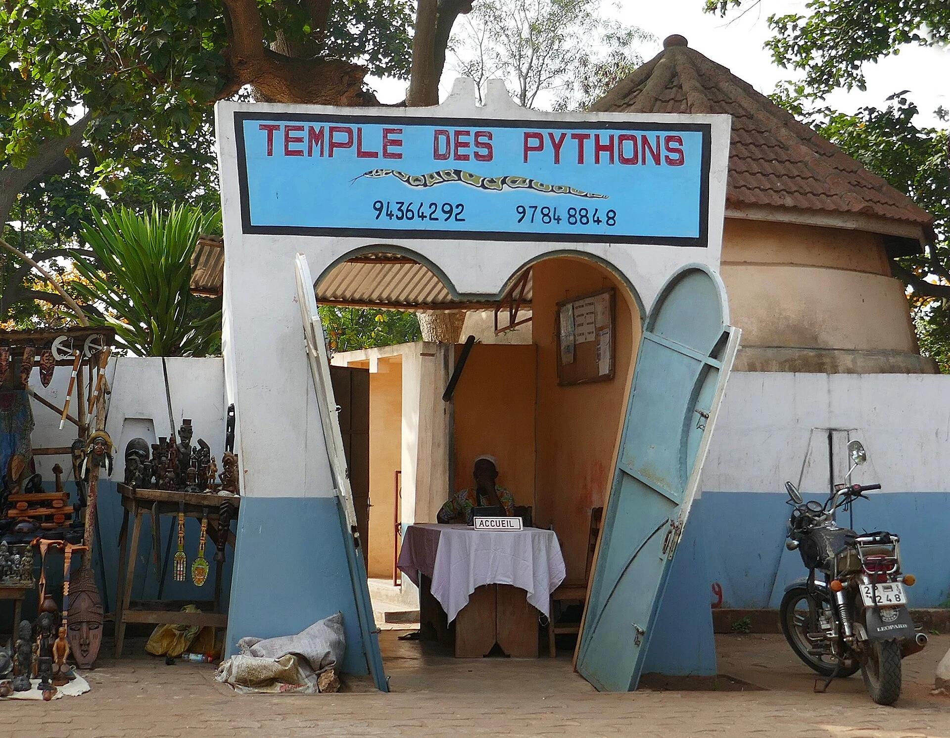 Exterior of the Temple of Pythons in Ouidah, an active Vodun sanctuary.